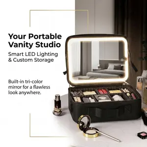 Portable LED Makeup Case with Lighted Mirror, featuring adjustable three-color soft lights and flexible dividers. Suitable for makeup artists on the go and daily storage.