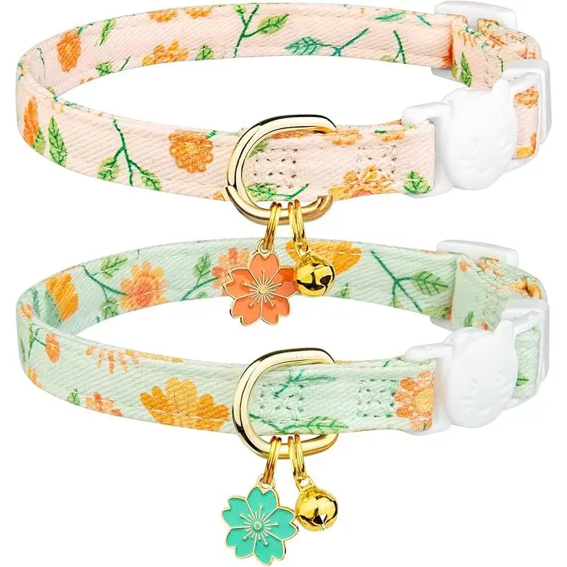 2 Pack Cotton Breakaway Cat Collars with Pink Strawberries and White Heart Shaped Pendant Cute Kitten Collars with Bell step  leash