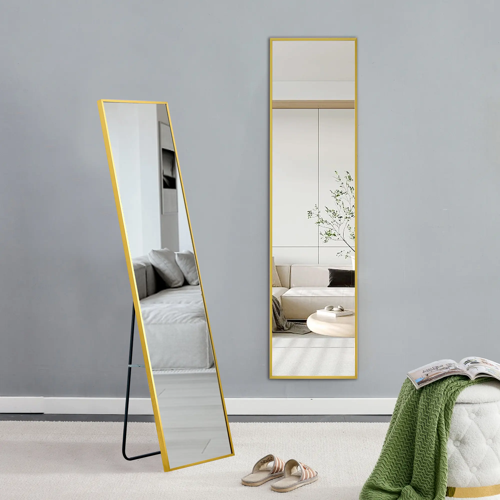 Aluminum alloy metal frame wall mounted full body mirror, bathroom makeup mirror, bedroom entrance, decorative mirror, quality upgrade, 59 "* 15.7",Full Length Mirror，Standing Mirror Modern LED