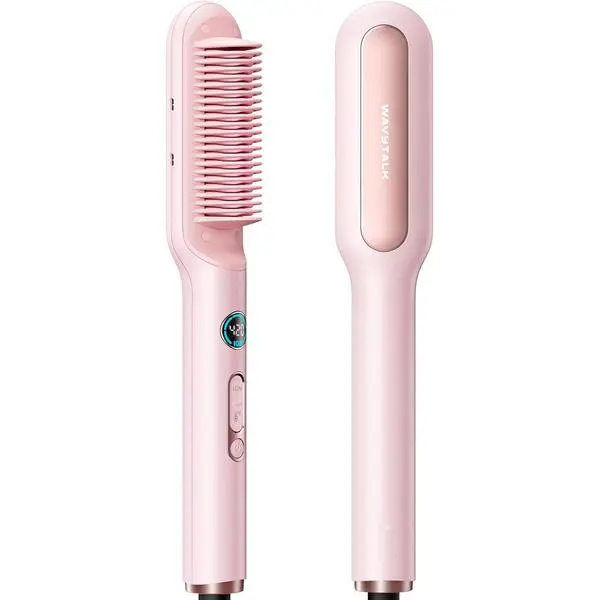Wavytalk Hair Straightener Brush, Sleek Sweep Ionic Straightening Brush | Anti-Scald Ceramic Straightener Comb with LED Display for Super Smooth hair, Dual Voltage, Pink.
