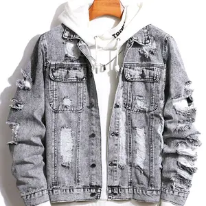 Manfinity Men Ripped Flap Pocket Denim Jacket Without Hoodie, Plain Grey, Grunge Style, Long Sleeve, Ideal for Casual Wear - Tops Menswear