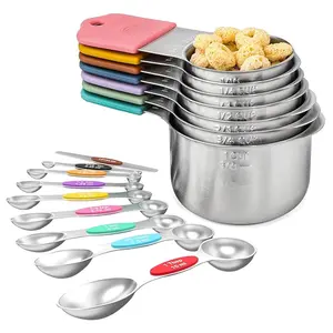 16-piece rainbow-colored stainless steel magnetic measuring cup and spoon set for precise measurement in baking, cooking, solids, liquids, spices, and more. Made of sturdy, durable stainless steel with a magnetic design that’s easy to store and saves spac