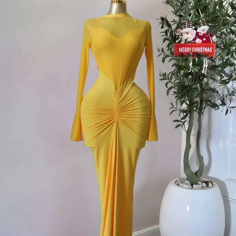 PULKRITU Elegant Chic Women Mermaid Maxi Prom Formal Dress, Long Sleeve O-Neck Ruffle Design, Streetwear Mesh Sexy Cocktail Evening Party Outfit Gown, Female Graduation Season Dress, Fashion Lady Skirt, Evening glam gown