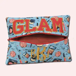 Glitter Word Pouch Quilted Case with Strap Personalized Faux Chenille Zipper Bag for Hair Accessories Pencils & Makeup Organizer