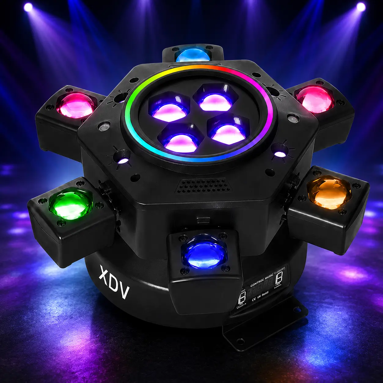 XDV 6-Arm 150W RGBW Moving Head DJ Light with DMX-512, Sound Activation & Strobes, Festive Decor for   Halloween Day, Weddings