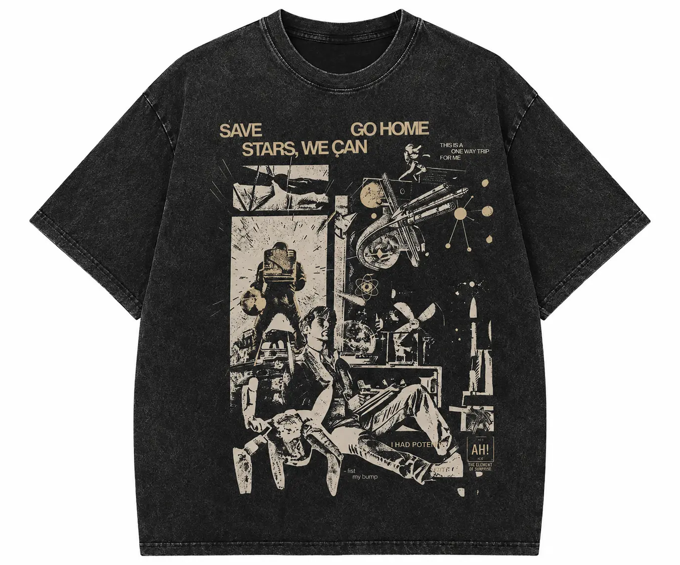 Vintage Washed Black Graphic T Shirt Save Stars Go Home Space Astronaut Telescope Print Tee, Oversized Streetwear Crewneck, Soft Distressed Retro Style Casual Everyday Shirt for Men and Women
