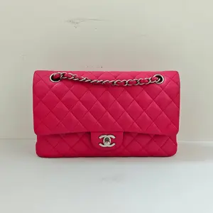 Pre-owned CHANEL leather Shoulder Bags Hot Pink Quilted Lambskin Medium Classic Double Flap Bag