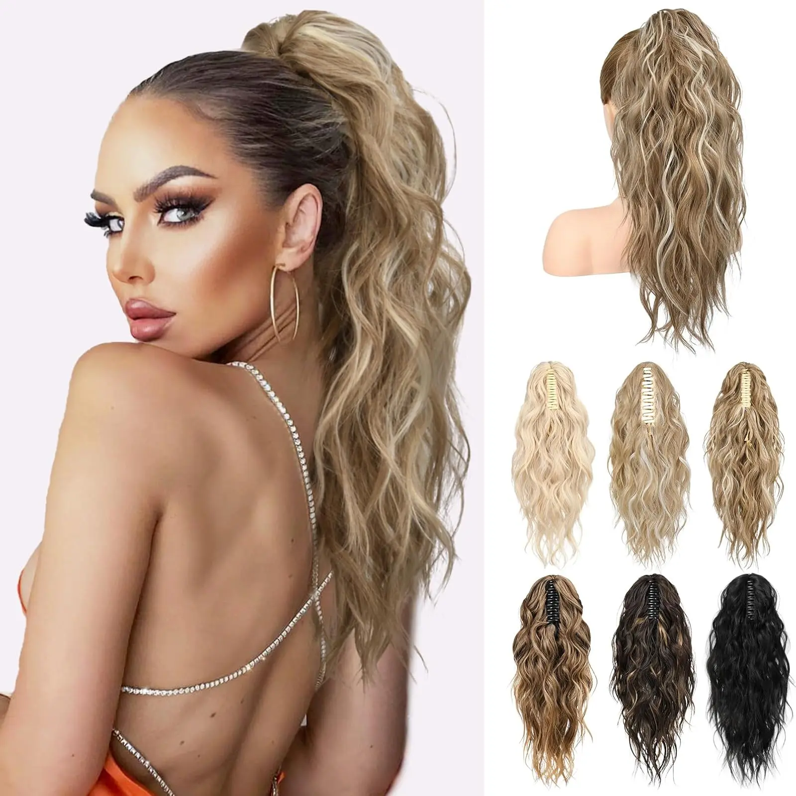 Gorgeous 18" Wavy Ponytail Extension! Shoulder - length Curly, Easy Claw Clip - in. Dark Blonde with Blonde Highlights - Instant Glamour! 💖