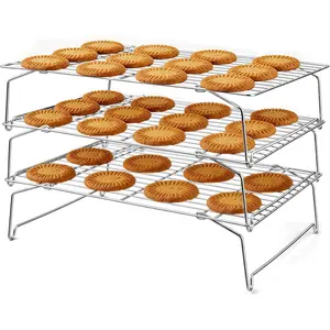 Cooling Rack 15"x10", 3-Tier Stackable & Collapsible Stainless Steel Baking Wire Racks for Cooking, Baking, Roasting, Drying, Oven & Dishwasher Safe, Silver