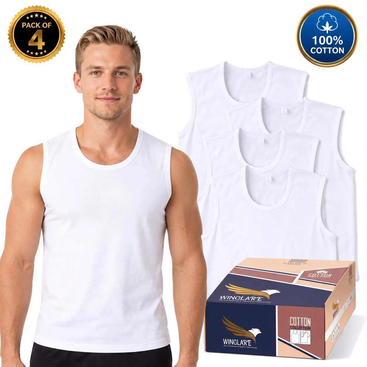 Men's 100% Cotton Plain Solid Tank Tops (Pack of 4) - Menswear Muscle Shirts, Dry Fit, Lightweight, Breathable, Ribbed White Undershirts, Slim Fit Sleeveless Undergarments for Gym & Everyday Wear