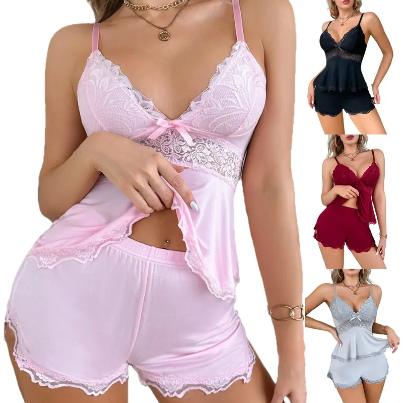 Women's 2-Piece Soft Comfortable Fit Sexy Cami Lace Short PJ Sets - V-Neck Halter Sleeveless Lingerie, Light Breathable Fabric, Strap-Accented, Elastic Low Waist, Drawstring Closure Nightwear