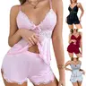 Women's 2-Piece Soft Comfortable Fit Sexy Cami Lace Short PJ Sets - V-Neck Halter Sleeveless Lingerie, Light Breathable Fabric, Strap-Accented, Elastic Low Waist, Drawstring Closure Nightwear