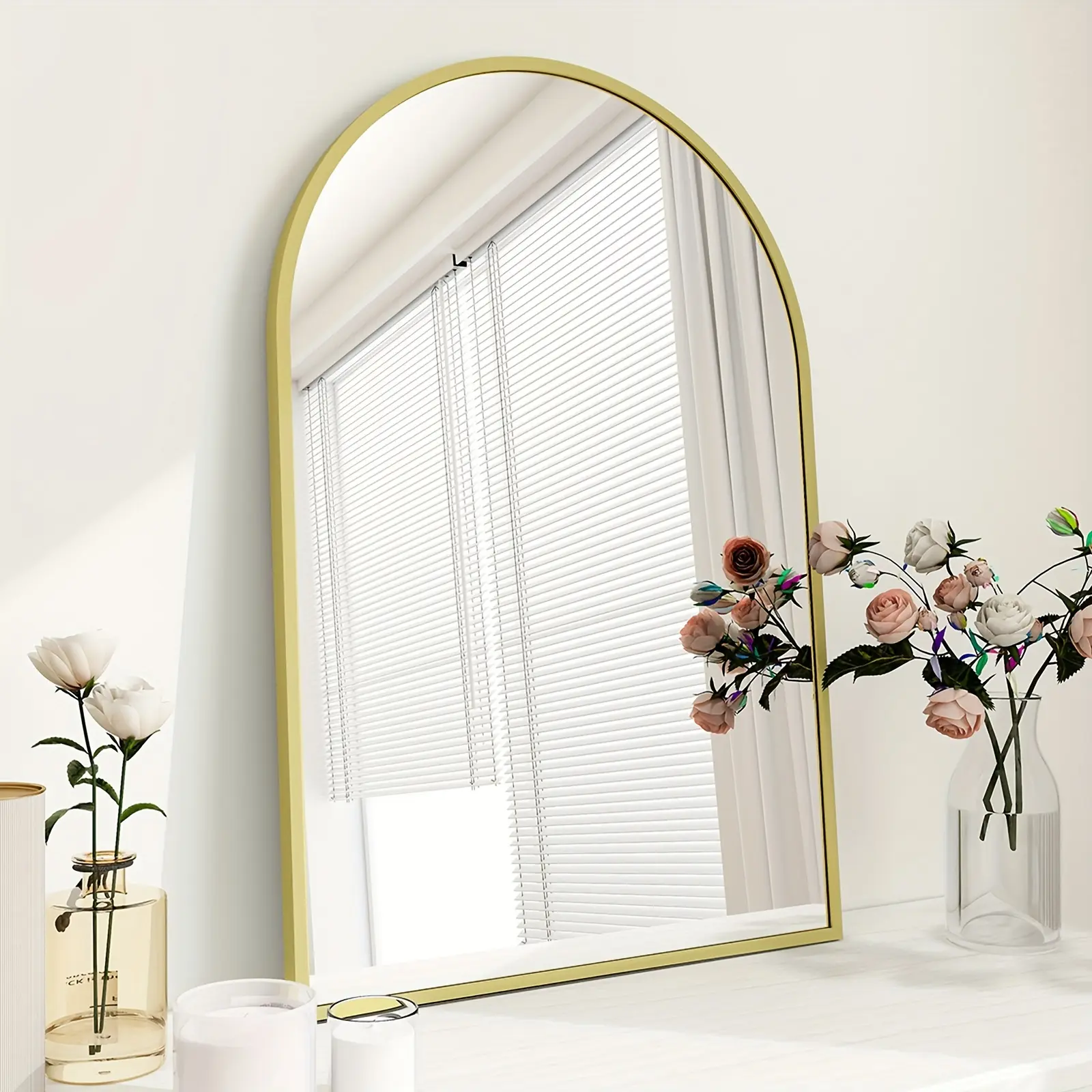 New Radiant Arched Wall Mirror - 24x36 Inch Metal Framed Beauty - Stylish Vanity Accent for Bathroom Bedroom & Living Areas - Durable Spacious Reflection Adds Elegance to Entryways & Hallways Decor