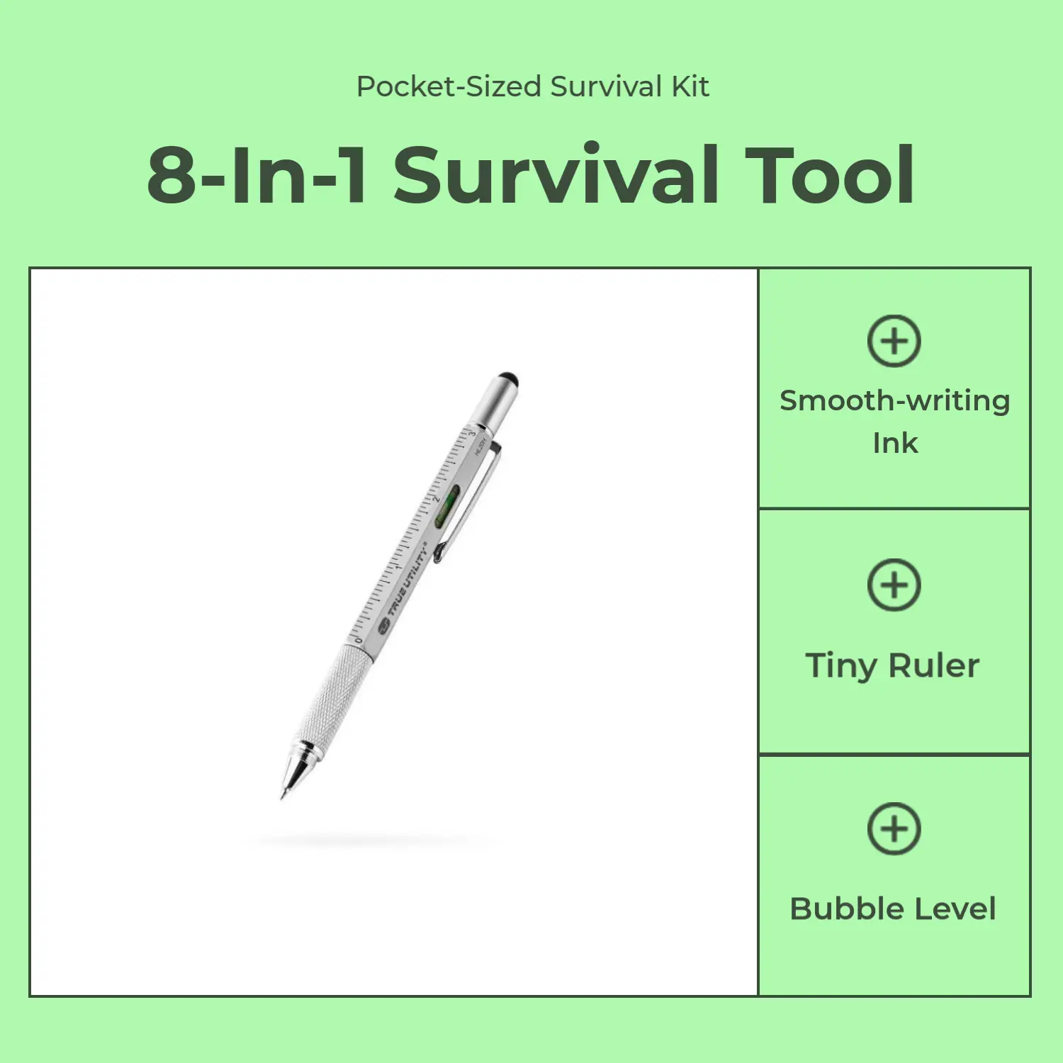Compact 8-in-1 Survival Multi-Tool Pen, Tiny Ruler with Inch/cm Scale (cm), Bubble Level, Scraper, Box Opener, Glass Breaker, Phillips & Flat Screwdriver, Diters