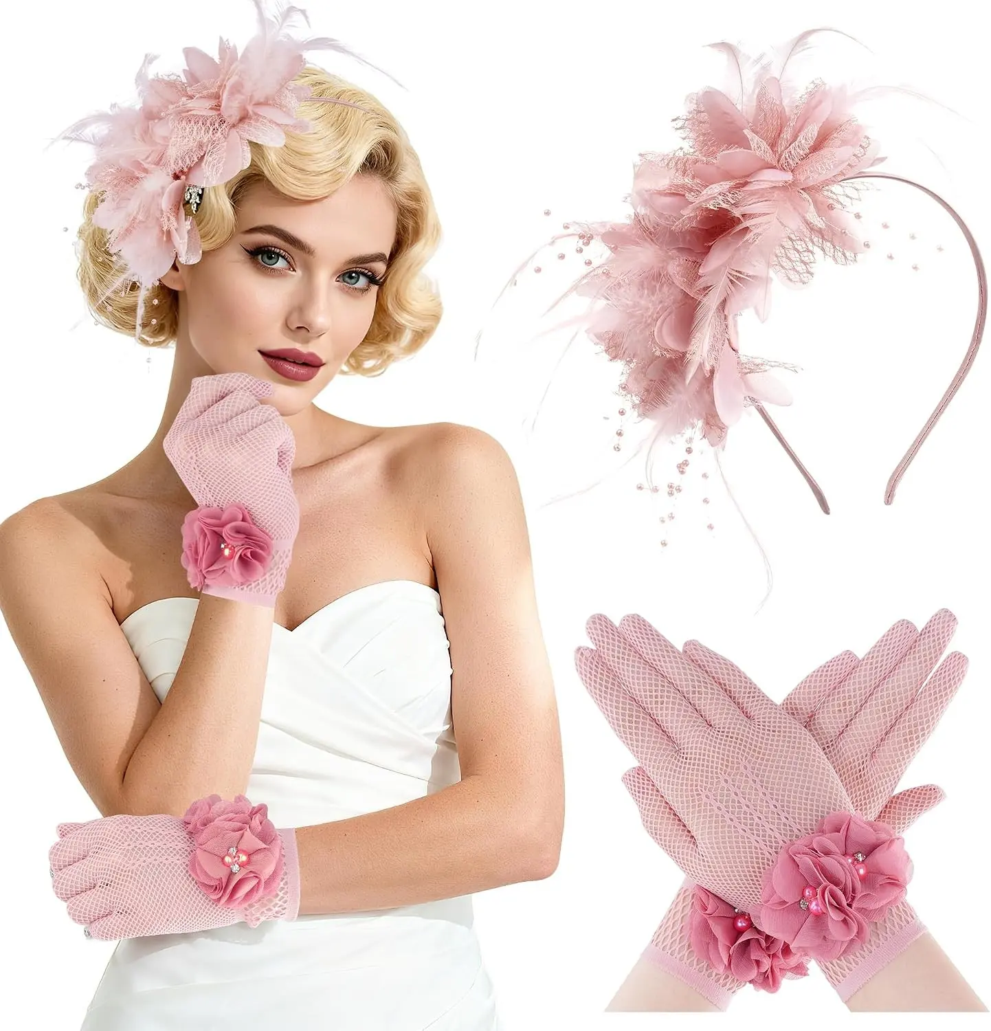 Pistha Fascinators Hats for Women and Tea Party Gloves for Tea Party Dress | Women's Fascinators and Tea Party Gloves-Fascinator with Feather Pearl Veil for Wedding Cocktail Dresses