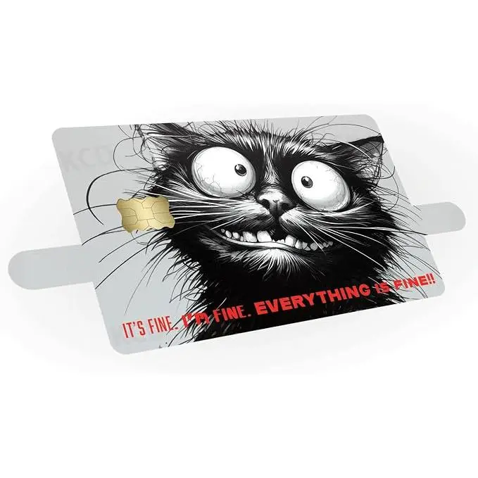 It’s Fine I’m Fine Everything Is Fine Funny Crazy Cat Credit Card Skin, Chaotic Cat Meme Debit Card Sticker, Sarcastic Stress Humor Bank Card Cover, Quirky Wallet Accessory Gift for Cat Lovers, Friends and Meme Fans