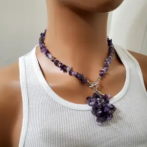 Handmade Amethyst Beaded Chip Necklace Elegant Purple Semi Precious Gemstone Jewelry with Silver Toned Details and Statement Pendant for Crystal Lovers