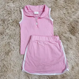 Sleeveless pink cotton polo shirt & skort set kids girls boutique summer outfits
