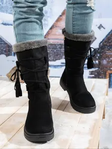 Winter new side zipper suede mid leg women's boots, with soft and comfortable plush lining, tassel cross band design, winter long leg snow boots, casual outdoor long leg horse boots