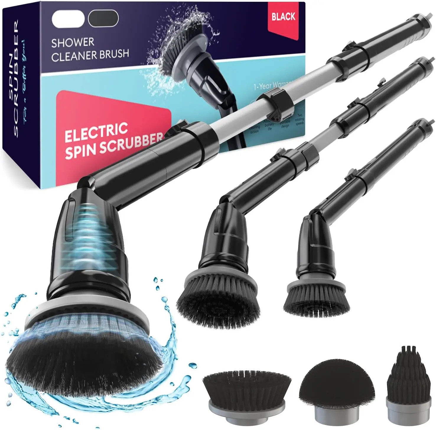 Geniani Cordless Electric Spin Scrubber, 360-Degree Rotating Brush, Stainless Steel Adjustable Extension Handle, 3 Rotating Brush Heads, 3.5-Hour Fast Charge, 90 Minutes Runtime, Rechargeable Battery, Silent Mode, Deep Clean for Home Bathroom, Ideal Gift