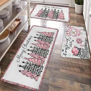 2/3pcs Christmas kitchen carpet floor mat, pink Christmas tree, snowman, anti slip flannel floor mat with Merry Christmas pattern, suitable for holiday kitchen, entrance door, laundry room, bathroom, living room, floor mat, Print Rug, Home Decorative Rug