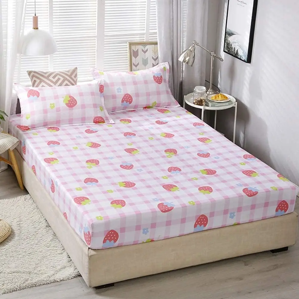 Feelyou Cute Strawberry Microfiber Bed Sheets Set - Pink Buffalo Check Plaid, Soft, Quick-Drying Full Bedding, Machine-Washable Decorative Bedsheet Sets with Fitted Sheets