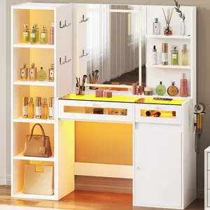 Glam Vanity Desk with LED Mirror & Large Storage, Makeup Table with Side Cabinet & Drawers for Bedroom, Modern Dressing Table with Lights