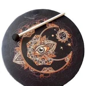 Shamanic Drum 10in with Beater, Spiritual Meditation Instrument, Dark Background, Eye Design, Traditional Style