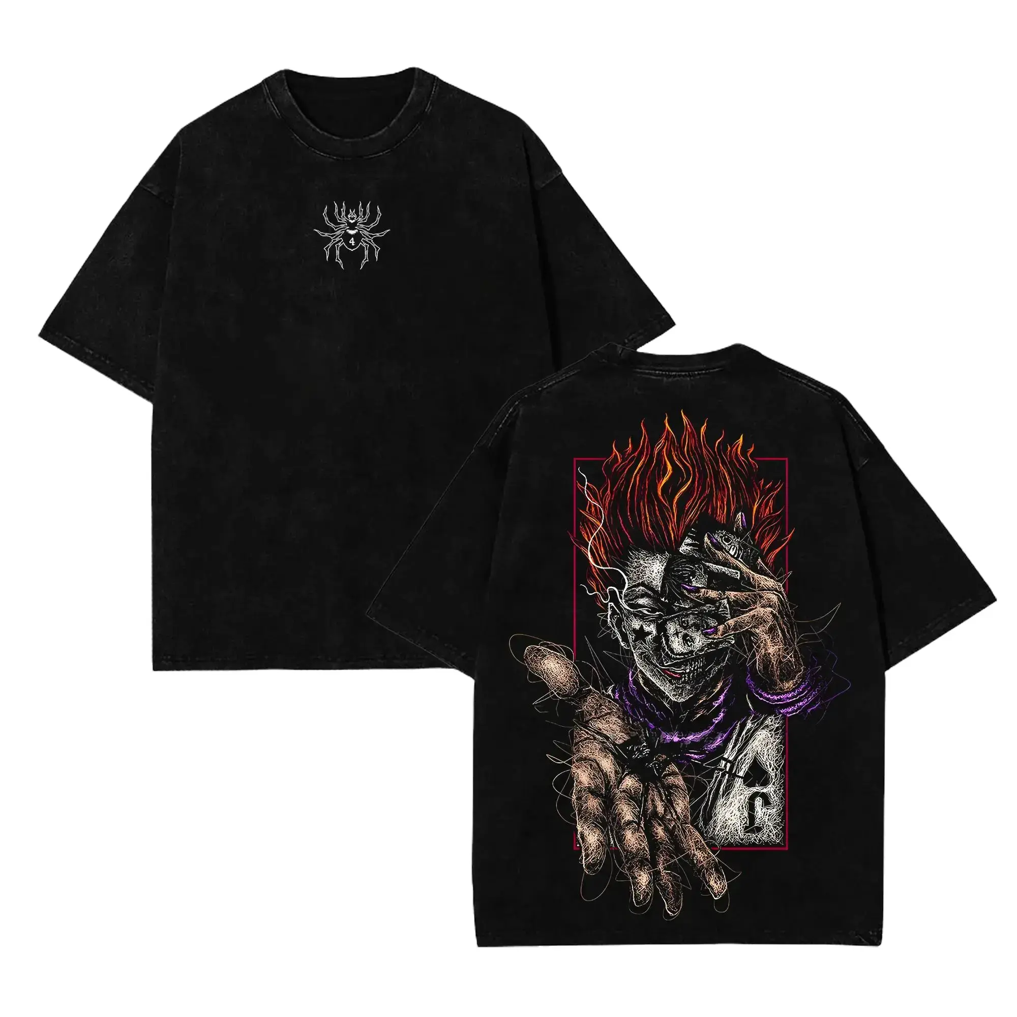 Hisoka Hunter x Hunter T-Shirt, Unisex Oversize Vintage Washed Crew Neck in Heavyweight 230gsm Cotton, Double Printed Phantom Troupe Graphic for Anime Fans, S, 2Xl, 3Xl, Casual, Cold Wash Apparel Classic