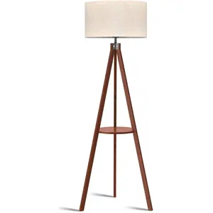 Tripod Floor Lamp, Mid Century Wood Standing Lamp, Modern Design Shelf Floor Lamp for Living Room, Bedroom, Office, Flaxen Linen Shade with E26 Base Brown
