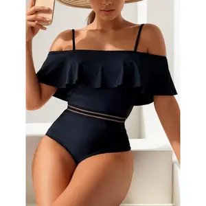 Women’s plain cold-shoulder one-piece swimsuit with ruffle trim, adjustable straps, and contrast mesh—ideal for beach holidays and vacations; ladies’ swimsuit suitable for all seasons.