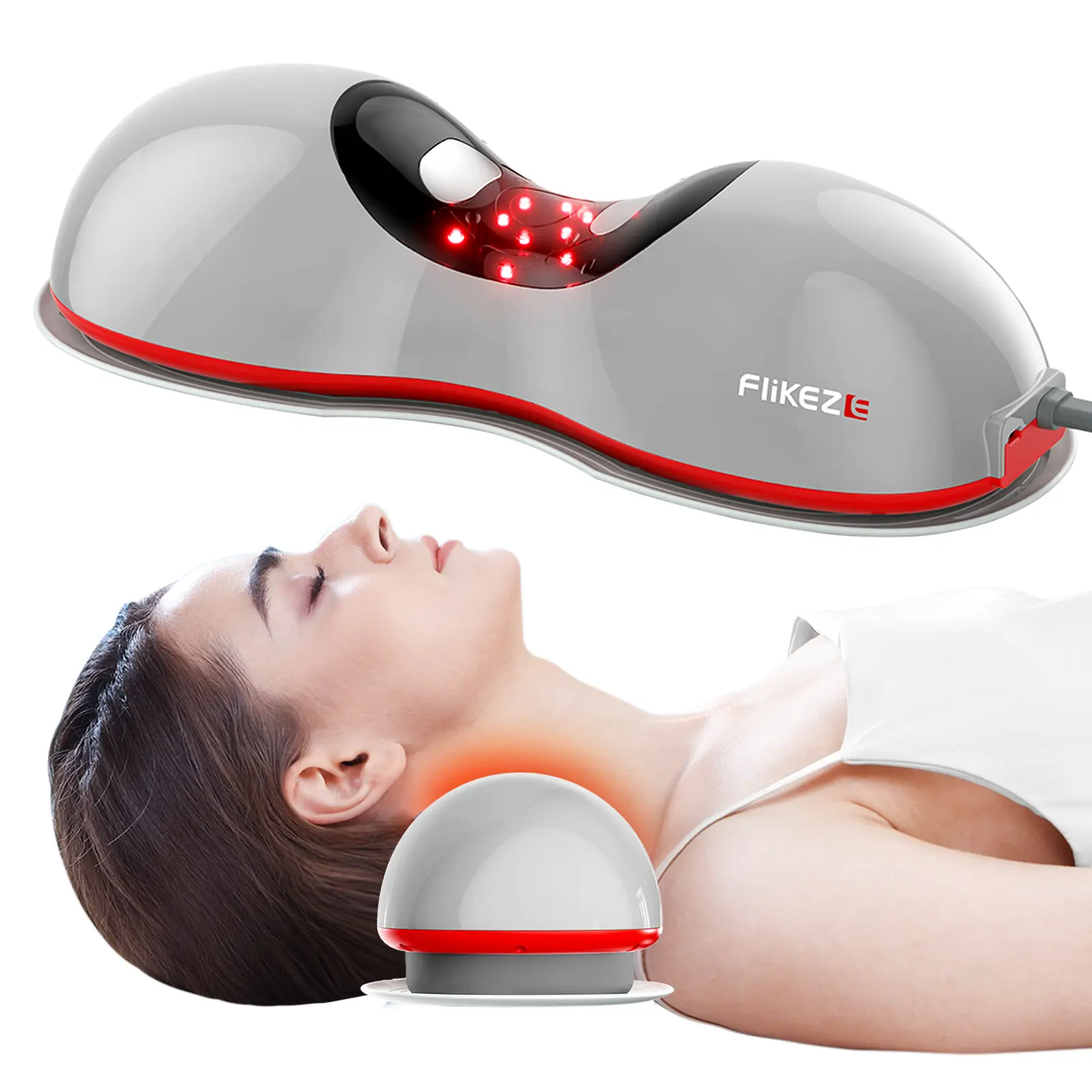FLIKEZE Neck Shoulder Massager with Red Light Heat Therapy, Wireless Cervical Traction Massager with Microcurrent & Remote Control, Rechargeable Neck Relief for Office Home Car
