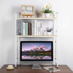 2-Tiered Wooden Desk Organizer Shelf with Grid Panel, Countertop Storage Rack, Multipurpose Desktop Decor for Computer Desks, Two-Tiered