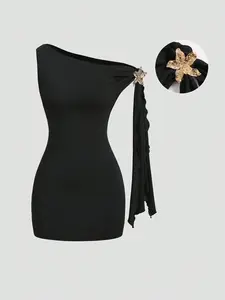 Elegant Asymmetrical Neckline Dress, Ruched Sleeve Design, Waist Cinching, Slim Fit, French Style, Metallic, Includes Metal Flower Accessory