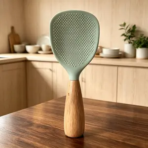 Silicone Spoon with Wooden Handle, Heat-Insulation & Heat-Resistant Spoon for Rice Cooker, Practical Kitchen Tool for Home & Restaurant, Kitchen Cooking Accessories
