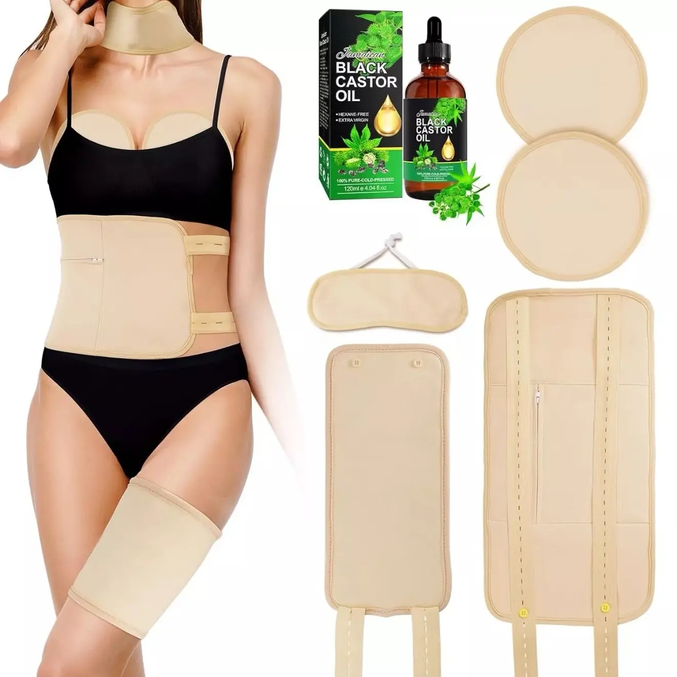 Reusable oil massage Auxiliary tool set , 8 count set castor oil pack wrap with 60ml castor oil included , reusable castor oil wrap pack waist , neck , knee and ect