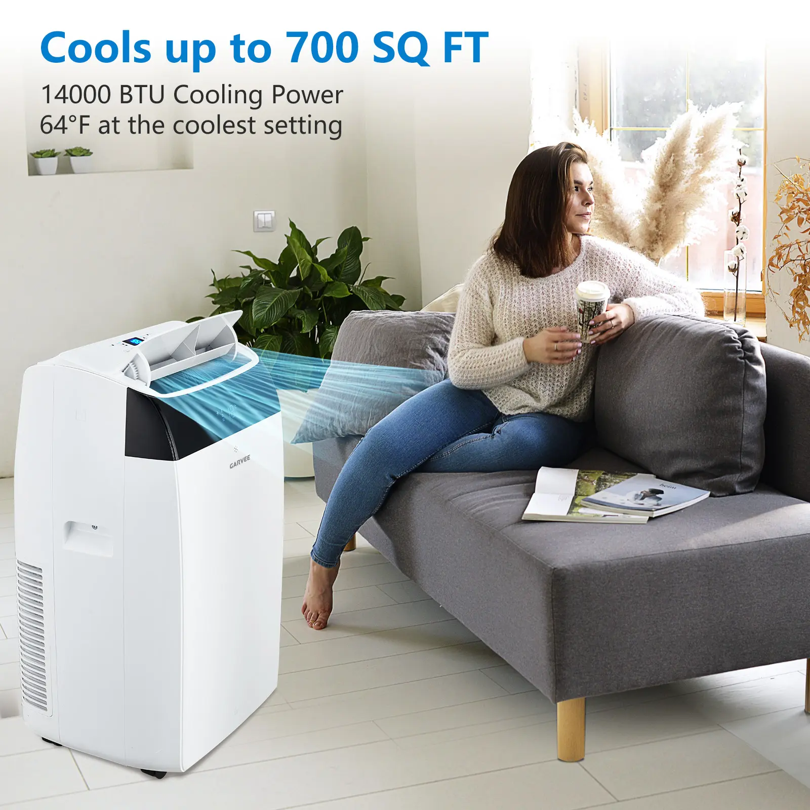 Garvee 14K BTU Portable Air Conditioner with Dehumidifier & Fan, Portable AC Units Cools up to 750 Sq. Ft., Remote Control, Auto Swing, Sleep Mode, White Top