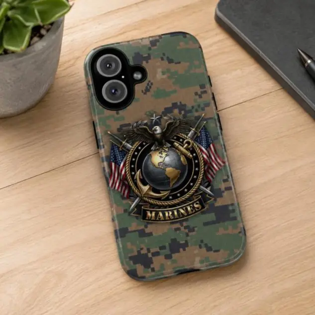 Marine Corps Camouflage Smartphone Case - Handheld Cellphone Shell with Eagle Globe Anchor & American Flag, Military Protection Cover, Gift for Marine Veterans, Casing