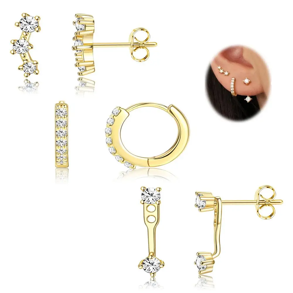 FIASASO 3 Pairs 925 Sterling Silver Hypoallergenic Earrings Set for Multiple Piercing Dainty Stud Huggie Small Hoop Earrings for Women Trendy Cute Earring Stacks for Sensitive Ears, Classic Style Earrings, Hoop Earring Sets