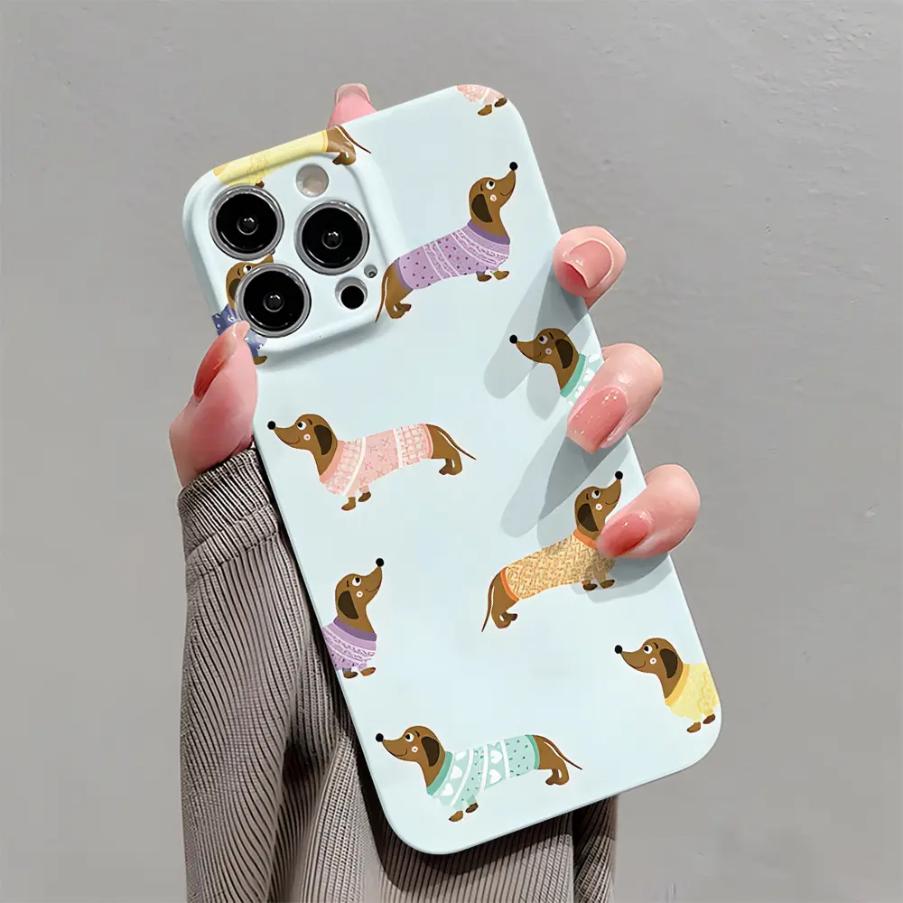 Knitted sweater with dachshund pattern, durable, shock-absorbing, four-layer smooth surface with fine-aperture buttons, suitable for iPhone 17, 16, 15, 14, 13, 12, 11 and other models. Makes a great holiday gift for friends or family.