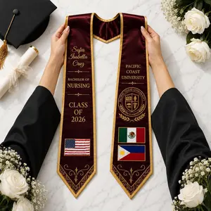 Custom Printed Three Flags Graduation Stole 2026, Mexico Phil USA Three Flag Mixed Flag Grad Sash with Name, Triple Country Graduation Stole