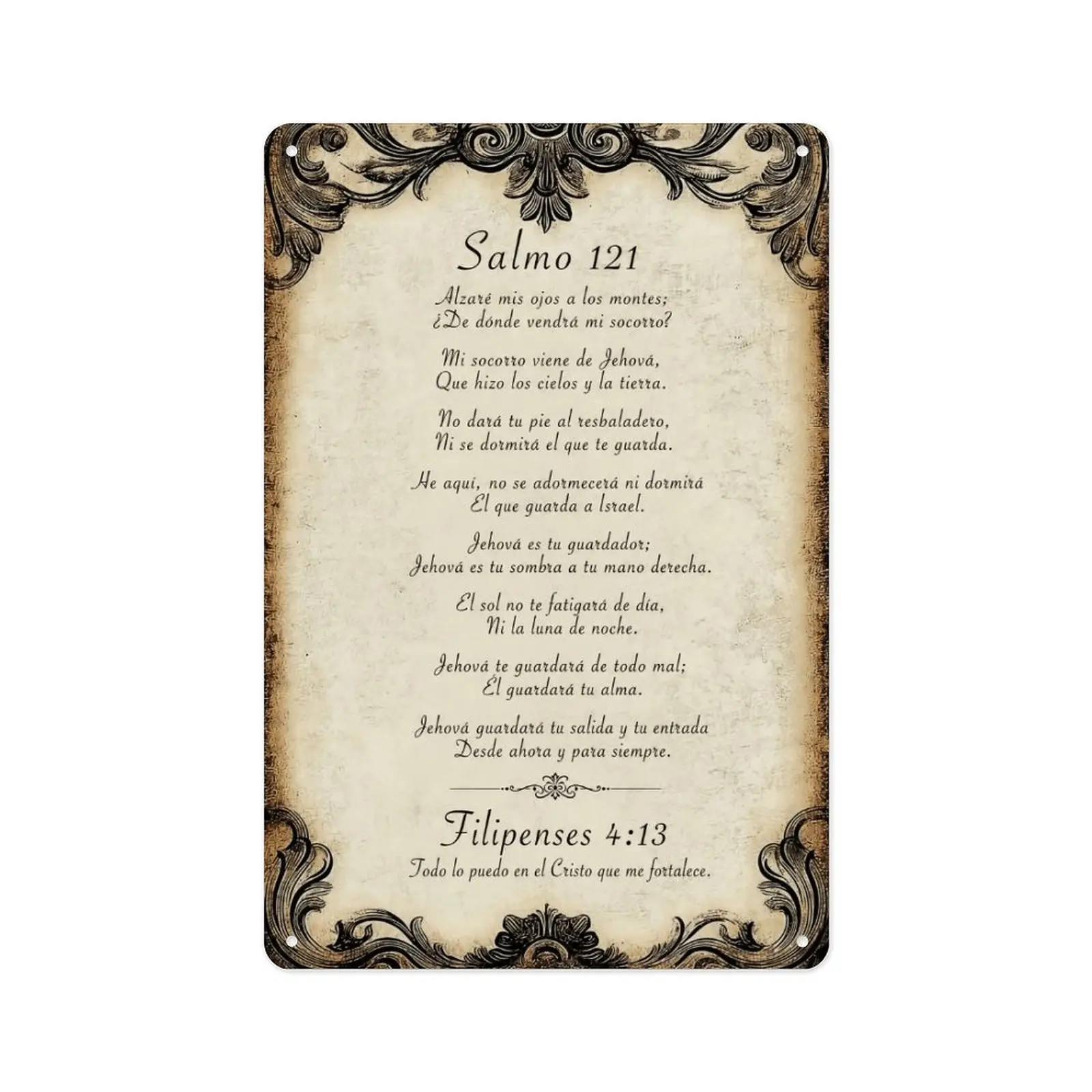 Ornate Scrollwork Vintage 8x12in Rustproof Aluminium Biblical Plaque - Salmo 121, Filipenses 4:13 Print, Mountable Christian Wall Art, Faithful Gift for Home Prayer Space Decor
