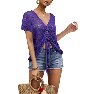 Imily Bela Womens Crochet Top Oversized V Neck Summer Flowy Crop Tops Shirts Boho Pullover Sweaters