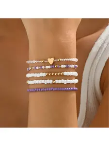 Fashion Metal Heart Beads Bracelet with Multi-color Youth Style Five-Set String Necklace for Women