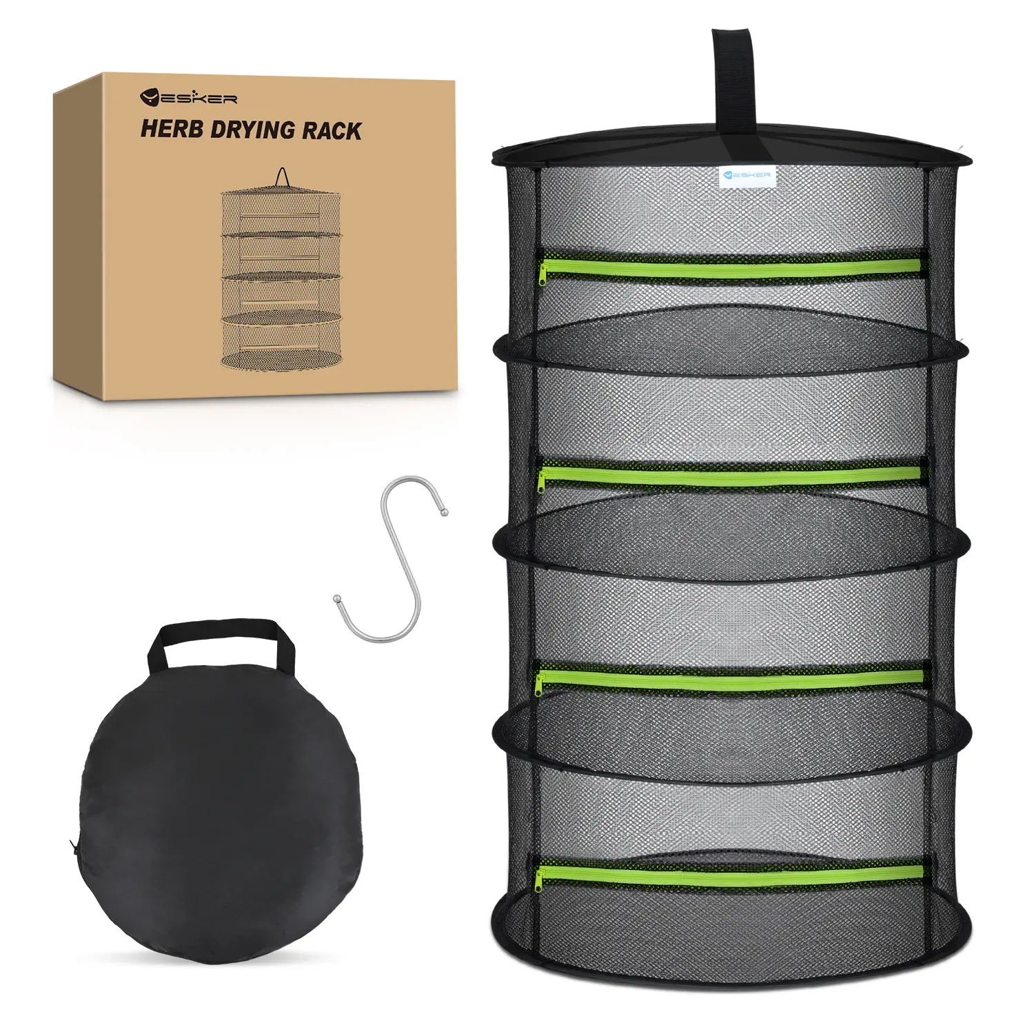 Yesker 4-Layer Hangable Herb Drying Rack, 24" Diameter Breathable Waterproof Synthetic Mesh Net with Green Zipper & Hook, Collapsible Dryer for Herbs, Grow Tent Use, Garage & Balcony Compatible, Hook and Loop Feature