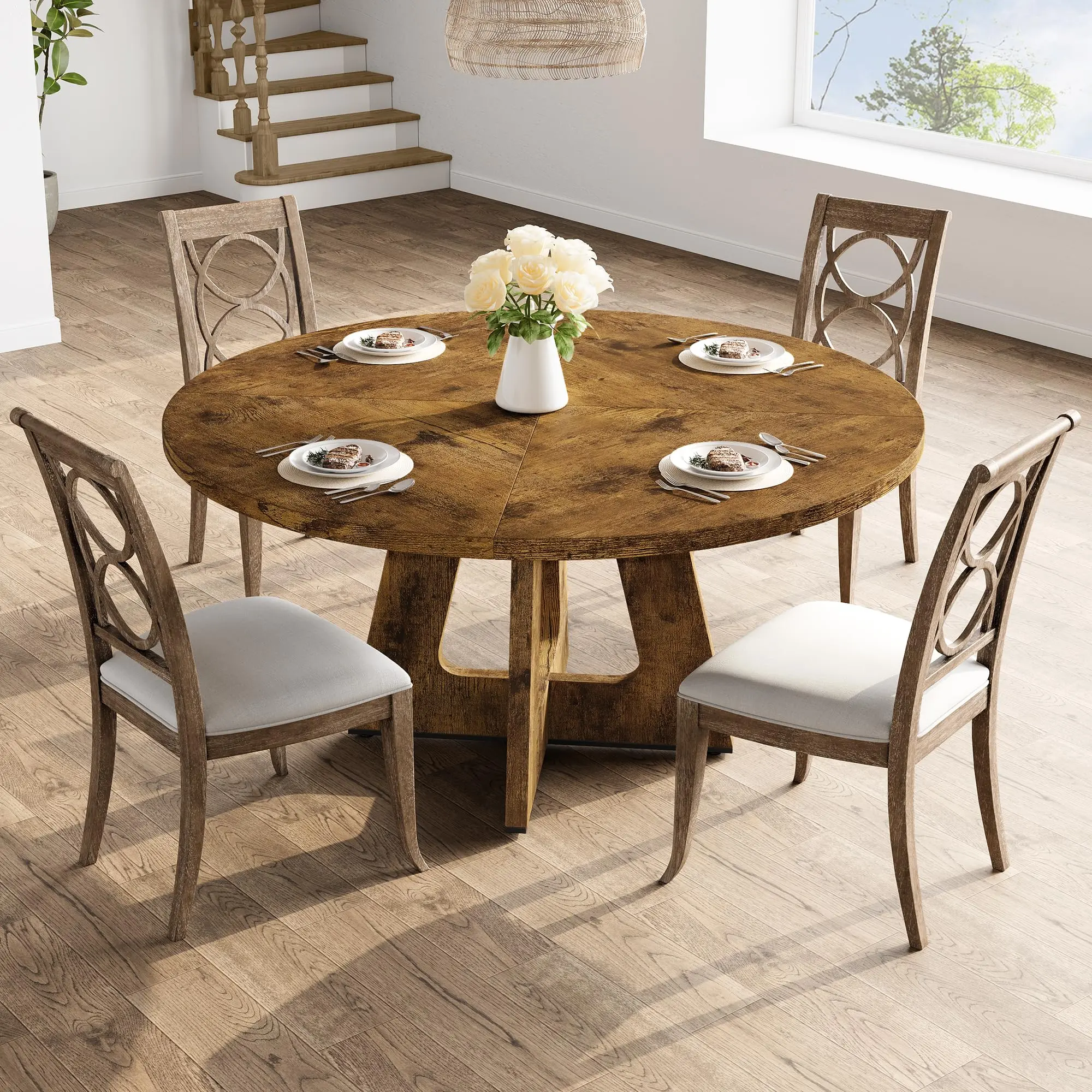 Garvee Mesa 47-Inch Round Farmhouse Dining Table for 4-6 with Gray Wooden Top and Legs – Large Rustic Style Table for Dining Room or Living Room (No Chairs) – Brown Finish