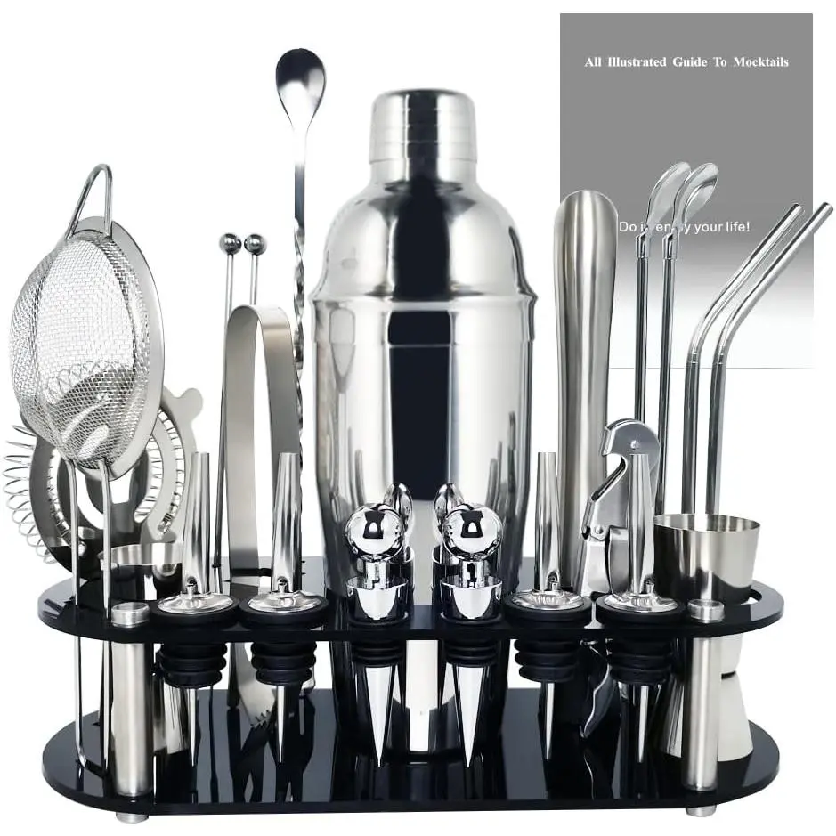 Stainless Steel Bartender Tool Kit - 21-Piece 24oz Durable Bar Utensils with 15/30ml Measures, Black Acrylic Plexiglass Storage Holder, Cocktail Recipes Booklet for Home Bar, Kitchen Drink Mixing
