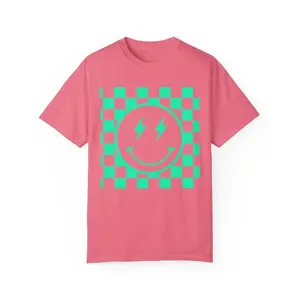 Comfort Colors, Checkered Smiley Print Tee, Summer Tee, Oversized Shirt, Unisex Garment-Dyed T-shirt. Crunchberry shown