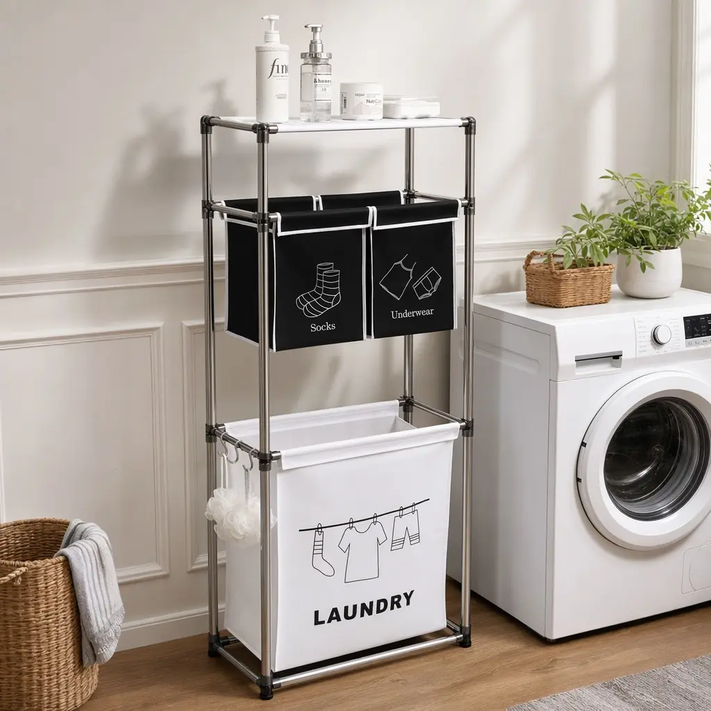 3 Tier Laundry Hamper Sorter with 4 Removable Bags, 100L Capacity, Rolling Wheels, Metal Hooks, Black White Fabric, for Bedroom Bathroom Closet Organization, Laundry Basket Divider with Shelves, Black White Color Options, Fabric Material
