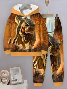 Boys' 3D Dinosaur Print Set, Hoodie and Sports Pants 2-Piece, Casual Fashion Long Sleeve, Perfect for Fall Winter Outdoor Activities
